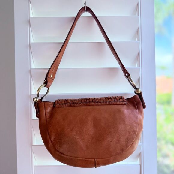 Marta Ponti Cognac Brown Leather Basketweave Satchel Handbag with Brass Hardware - Picture 6 of 16